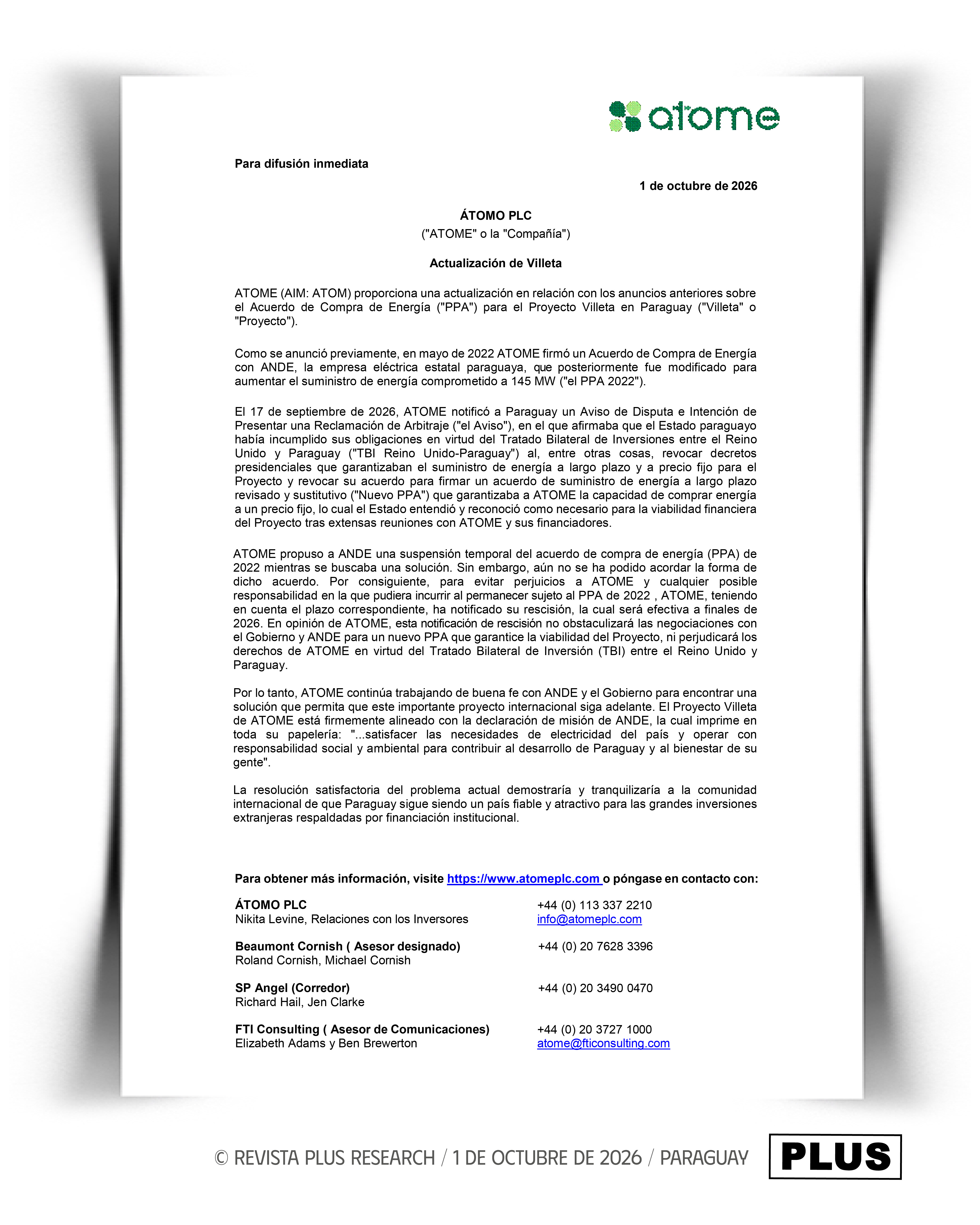 Atome notificó la rescisión del acuerdo de compra de energía para su proyecto en Villeta Atome notificó la rescisión del acuerdo de compra de energía para su proyecto en Villeta